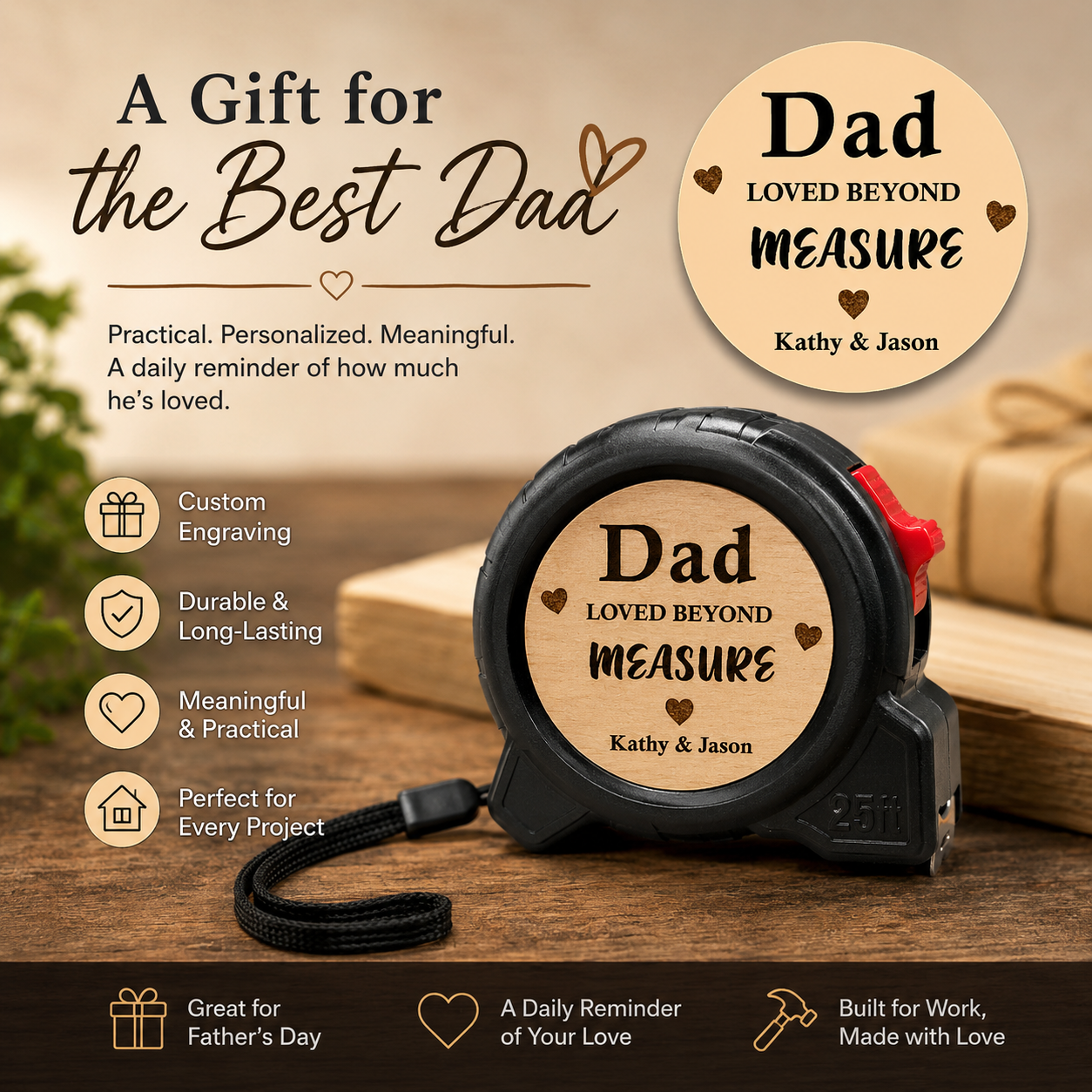 Personalized Engraved Tape Measure for Dad – Custom Gift for Grandpa, Papa, Carpenter &amp; Handyman – Father’s Day Tool Gift for Him